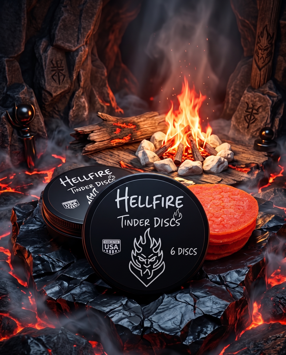 Hellfire Tinder Discs packaging with a fiery AI generated hellscape background