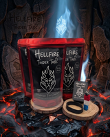 Hellfire Tinder Tabs packaging with fire-themed design on a fiery background